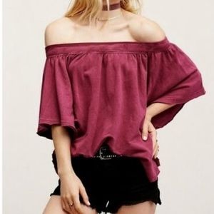 Free People Wine Draped Off The Shoulder Butterfly Sleeve Relaxed Fit Knit Top